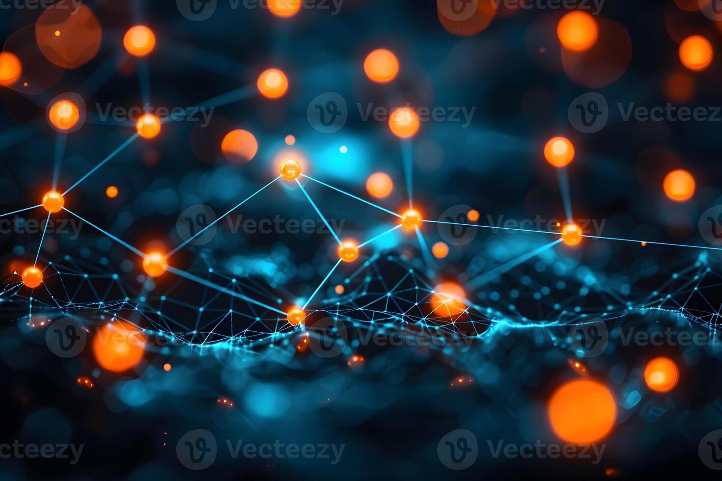 Digital Network Web with Glowing Orange Nodes and Blue Connections for Technology Visualization photo