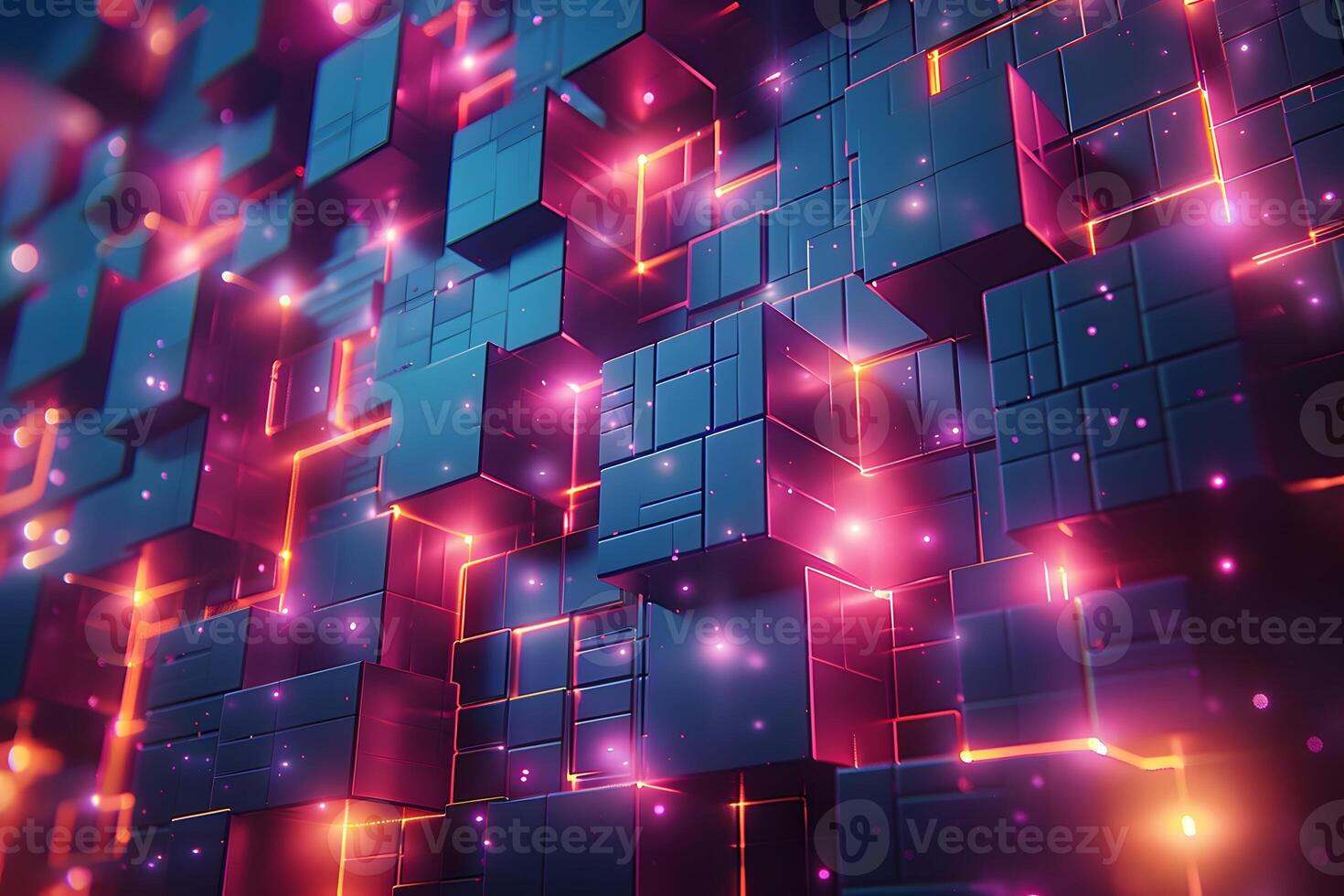Futuristic Digital Cube Abstract with Glowing Neon Elements for Tech Design photo