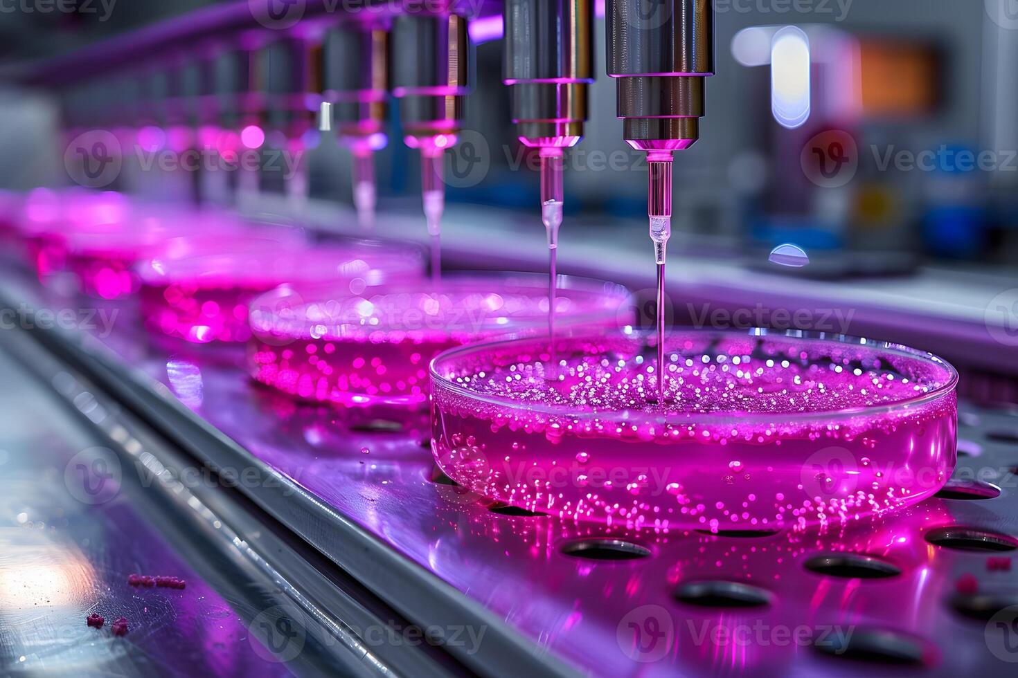 Biotechnology Lab Automated Liquid Handling System with Vibrant Pink Solutions in Petri Dishes photo