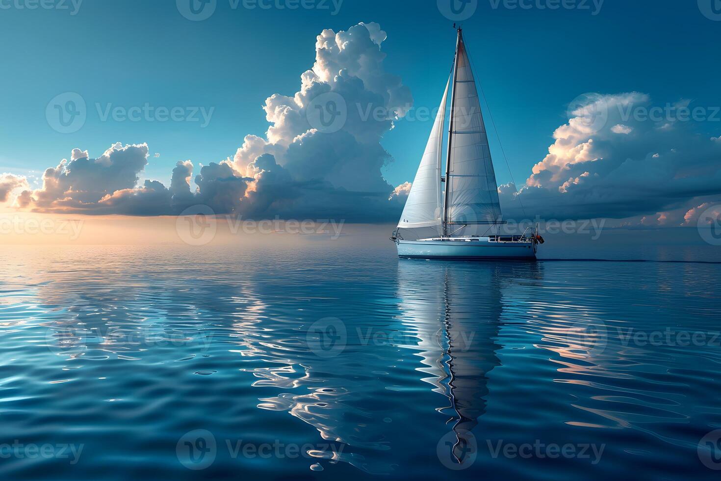 Serene Sunset Sailing on Calm Ocean Waters Amidst Dramatic Clouds photo