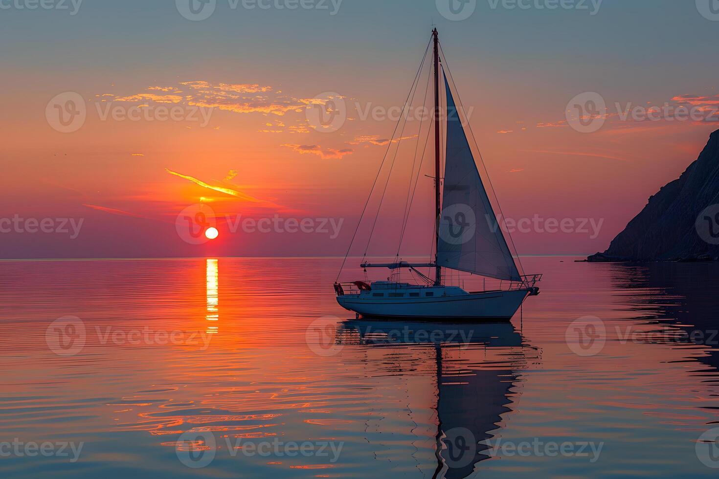 Serene Sunset Sailing on Calm Waters by a Cliffside photo