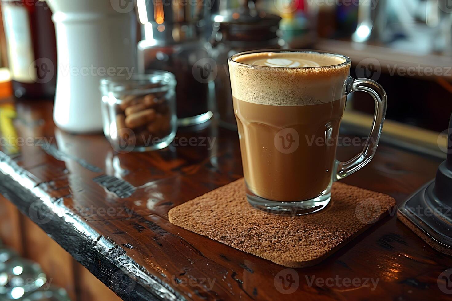 Cozy Cafe Atmosphere with a Delicious Latte on a Rustic Wooden Counter photo