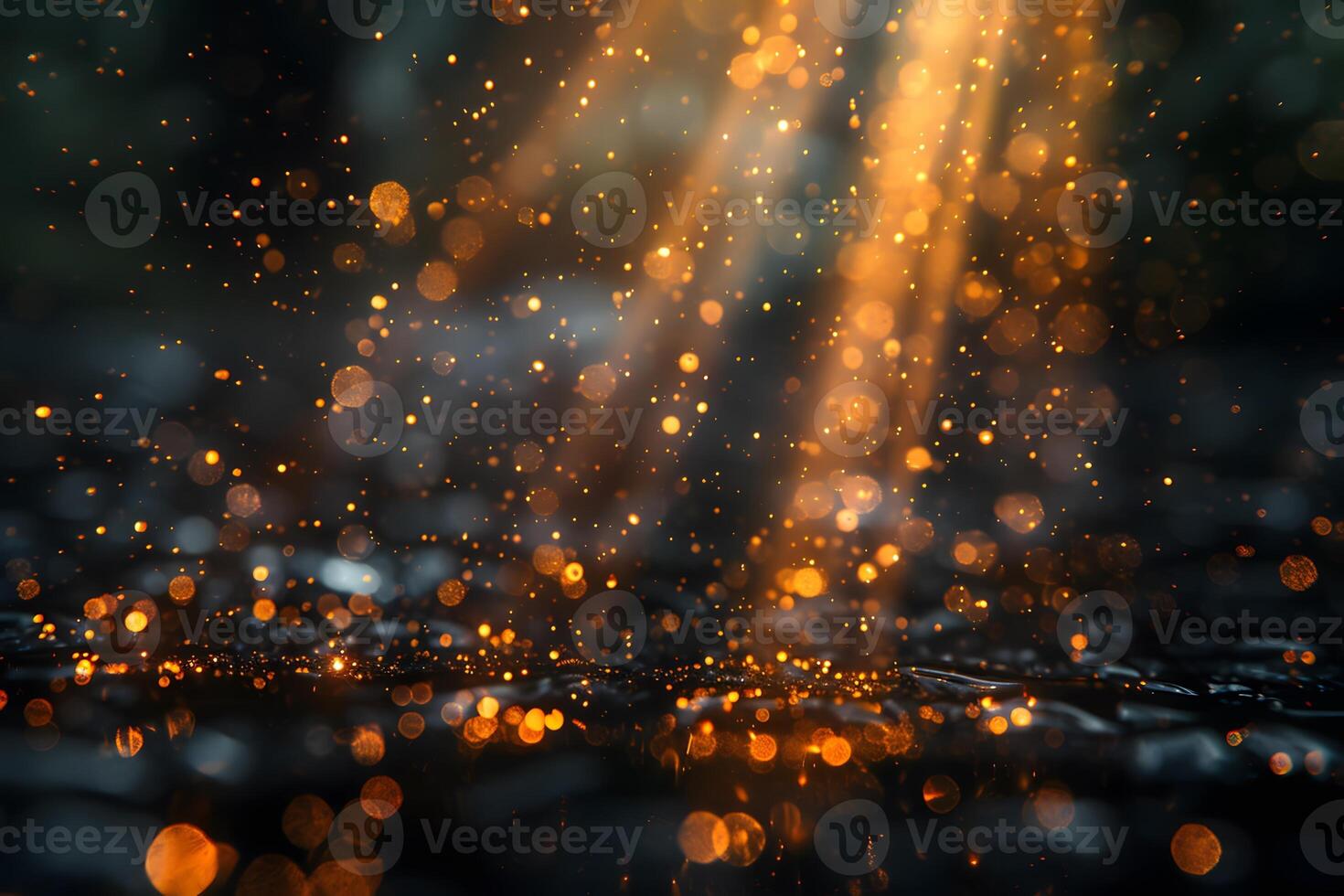 Golden Bokeh Lights in Dark Abstract Background for Artistic Design photo