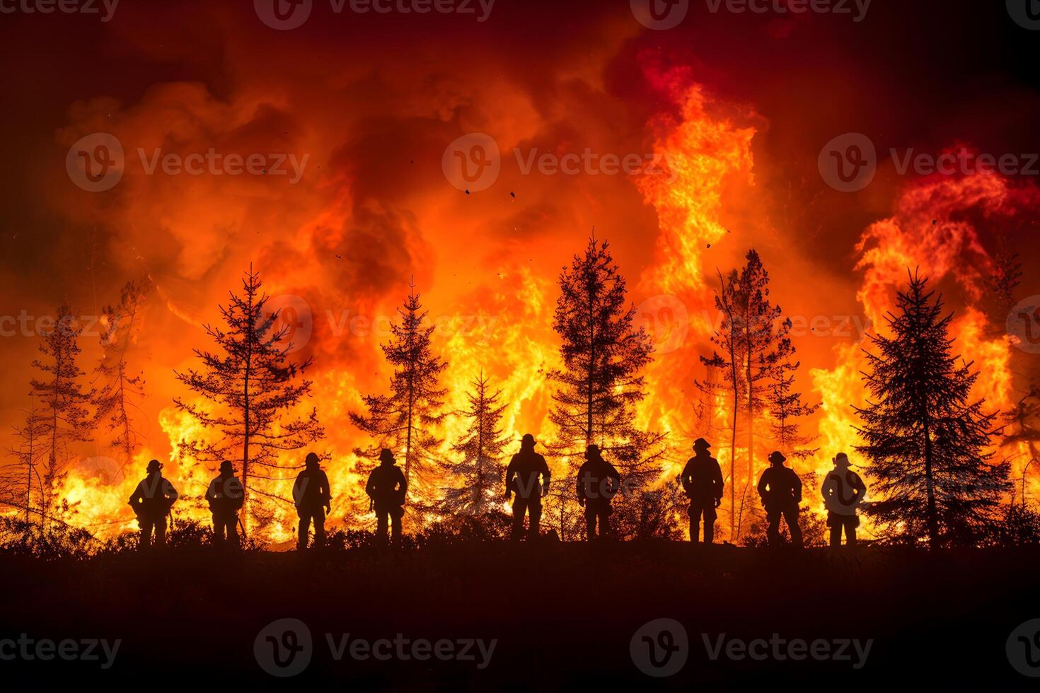 Brave Firefighters Battling Intense Wildfire in Forest photo