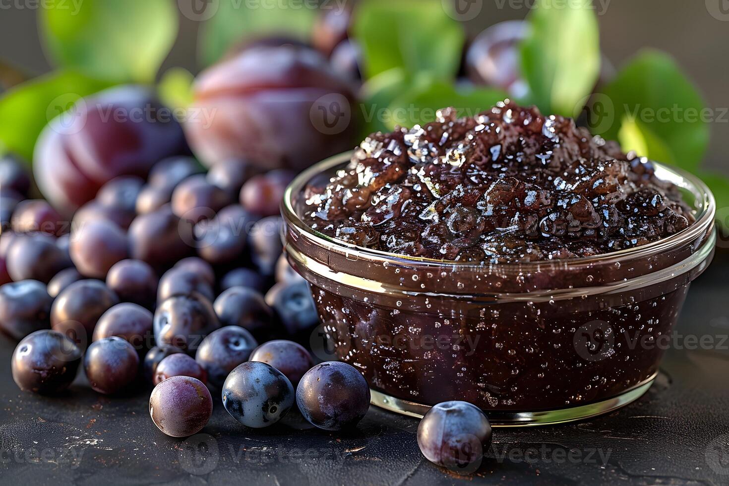 Plum and Blueberry Jam with Fresh Fruits Ideal for Autumn Recipes and Rustic Kitchen Decor photo