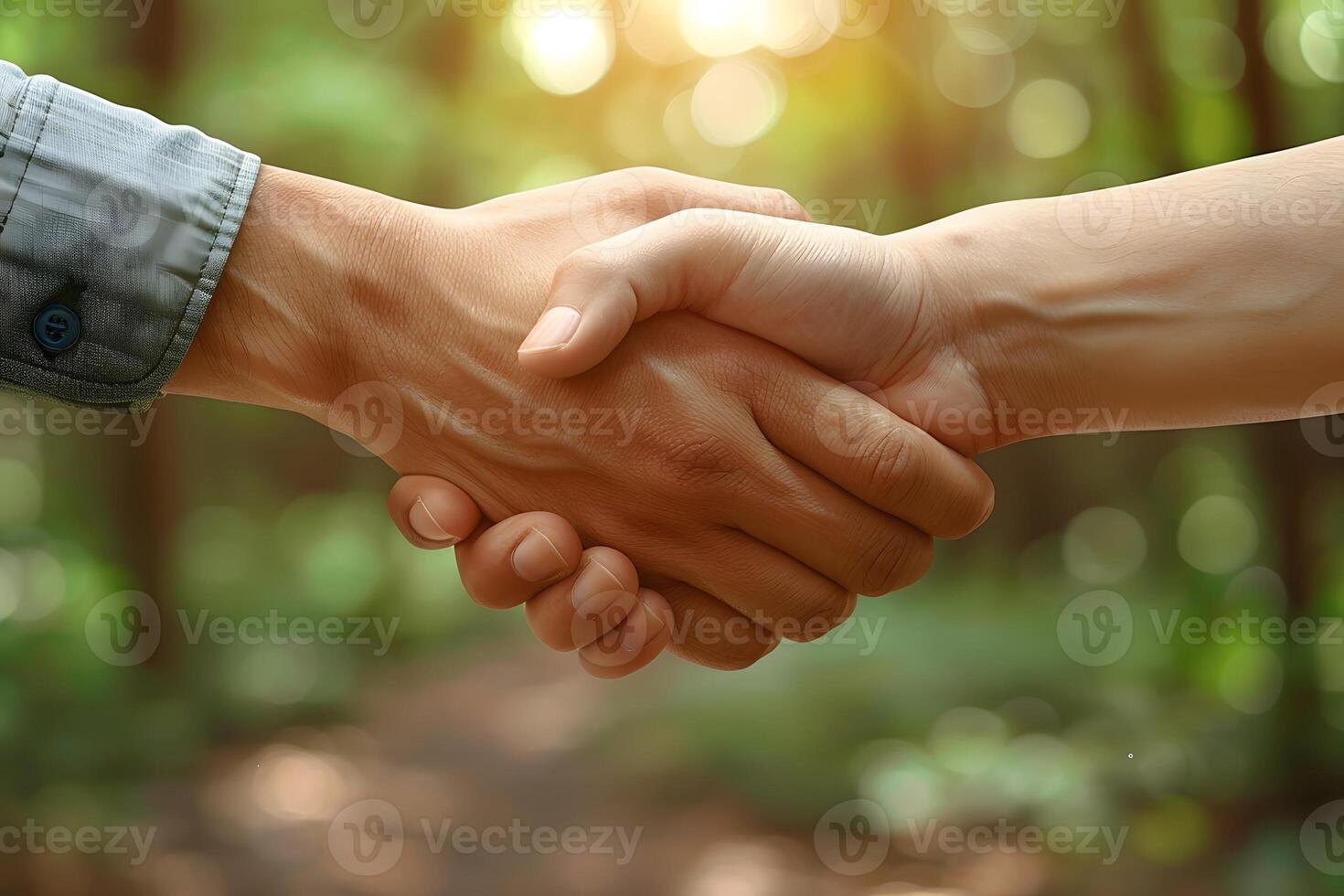 Unity and Partnership in Nature Handshake Against a Sunlit Forest Backdrop photo