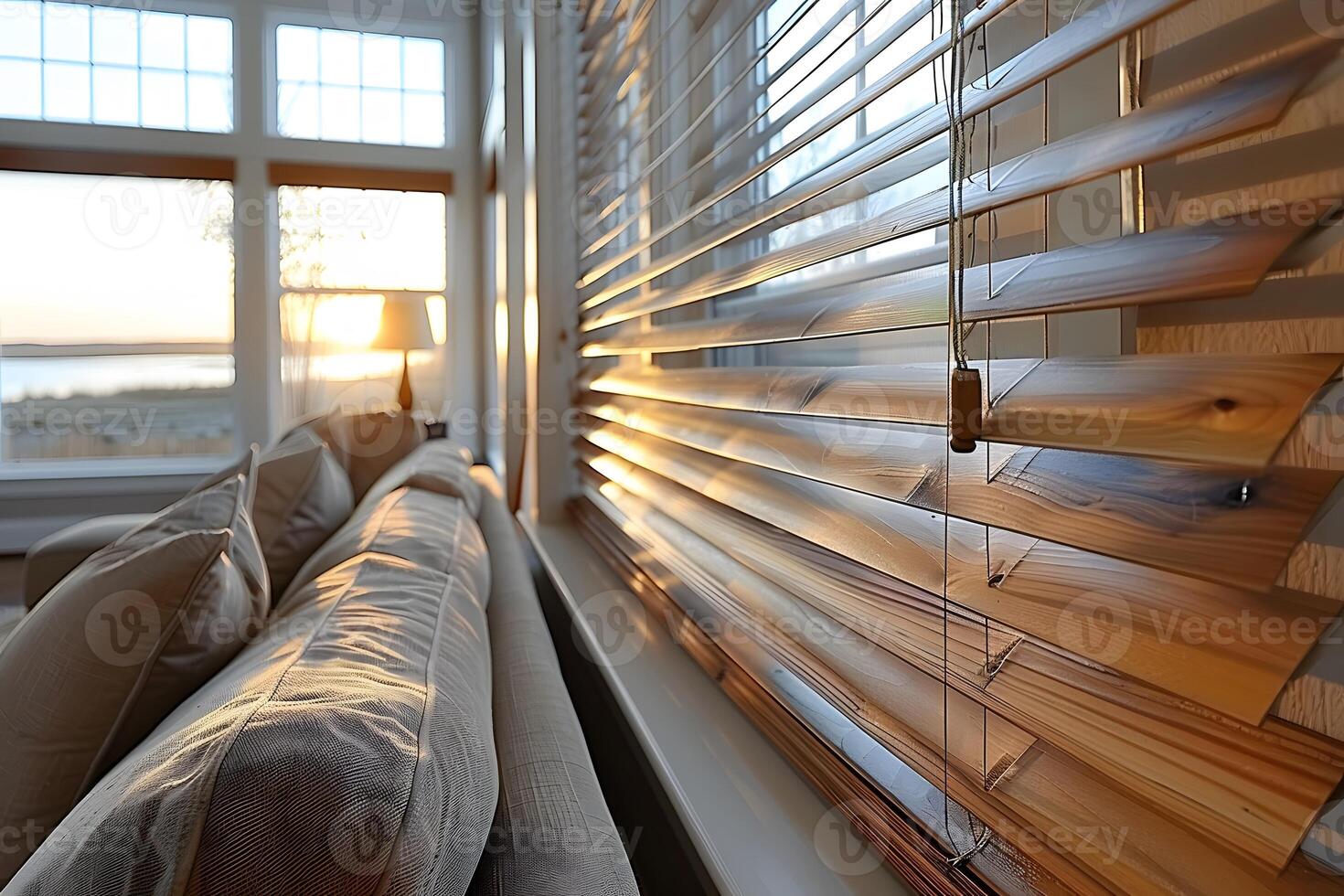 Sunset Rays Through Window Blinds in Cozy Living Room Setting for Interior Design photo