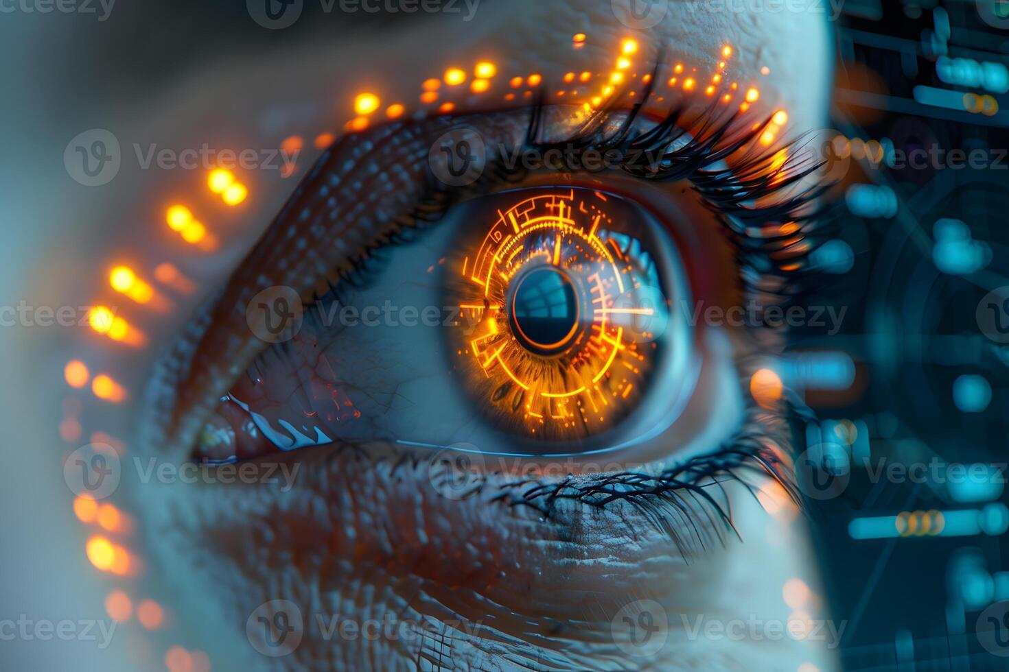 Futuristic Eye with Digital Interface Elements for Technology Concepts and Innovation photo