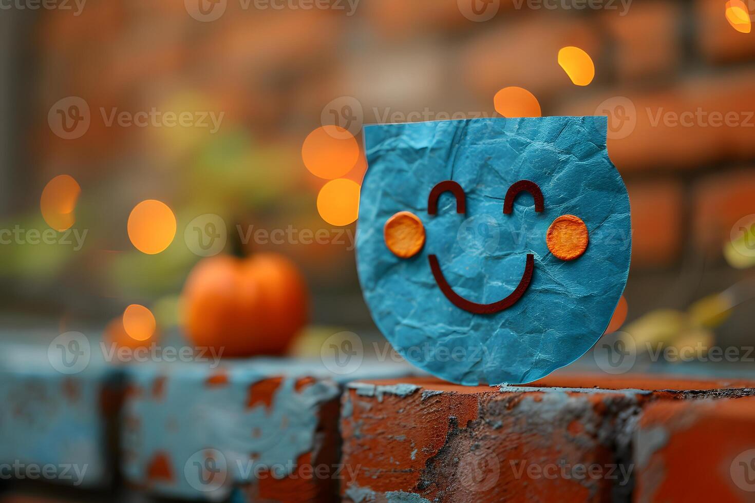 Whimsical Autumn Smiley Face with Pumpkin and Bokeh Lights for Seasonal Decor photo