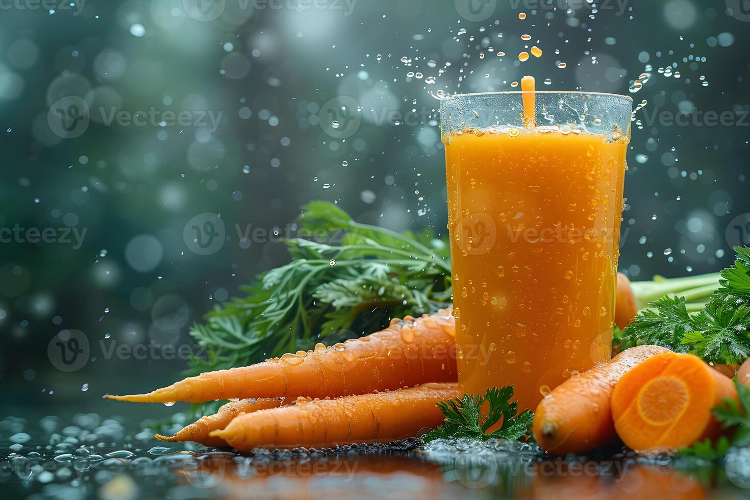 Fresh Carrot Juice Splash with Carrots and Herbs on a Reflective Surface photo