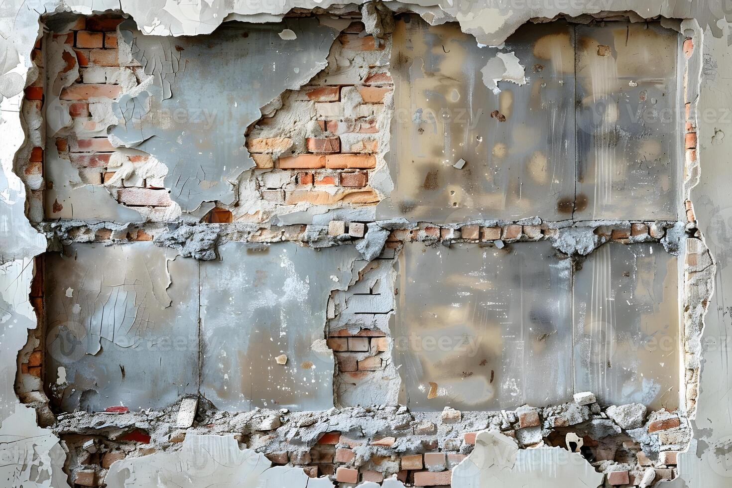 Weathered Urban Wall with Exposed Brick Showing Industrial Decay photo