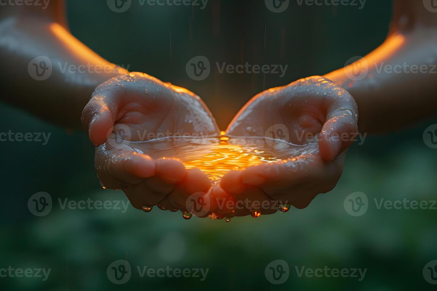 Warm Light in Cupped Hands at Dusk - Peaceful Serenity and Nature's Glow photo