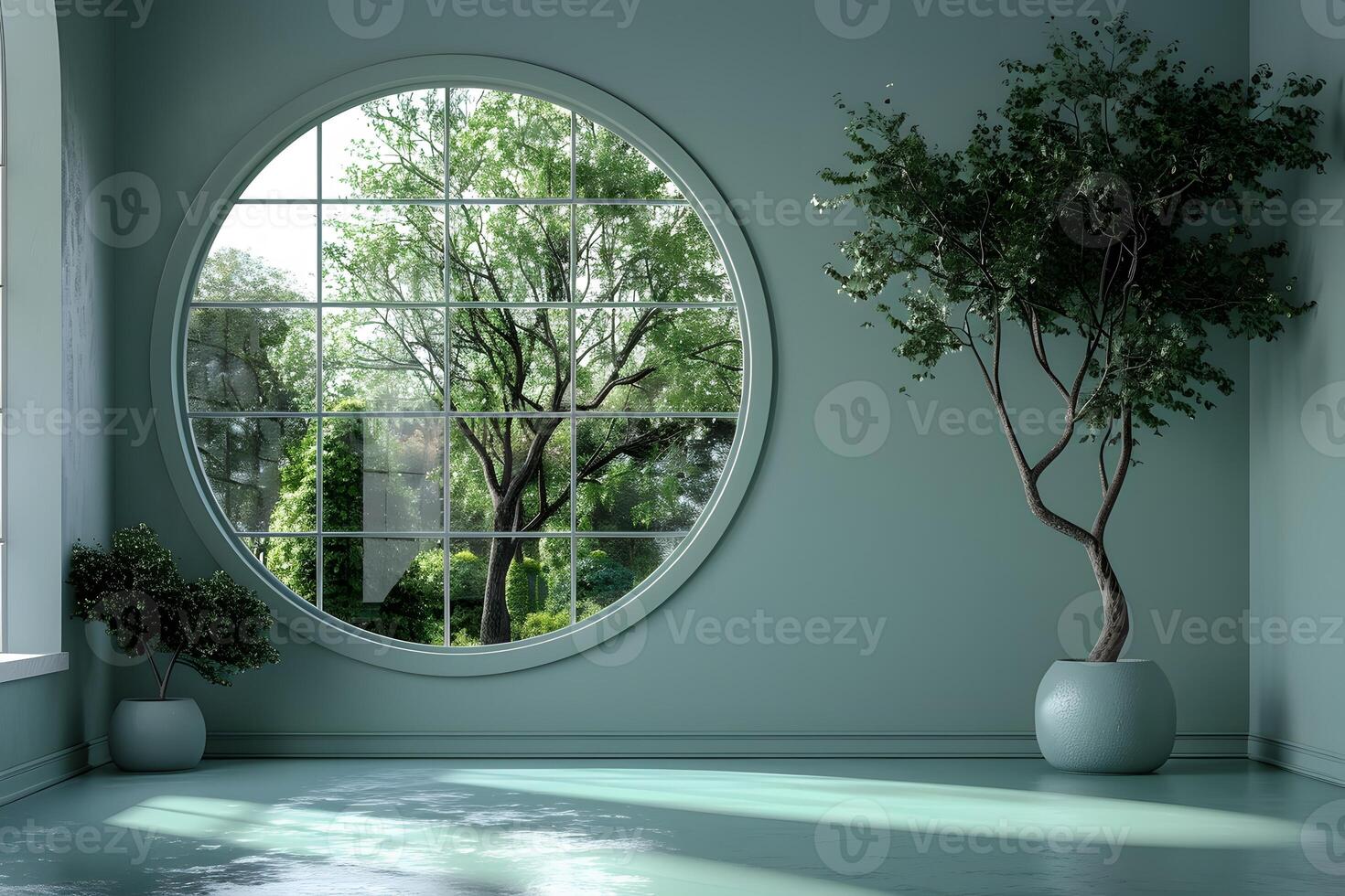 Tranquil Indoor Garden with Large Round Window Overlooking Lush Greenery photo