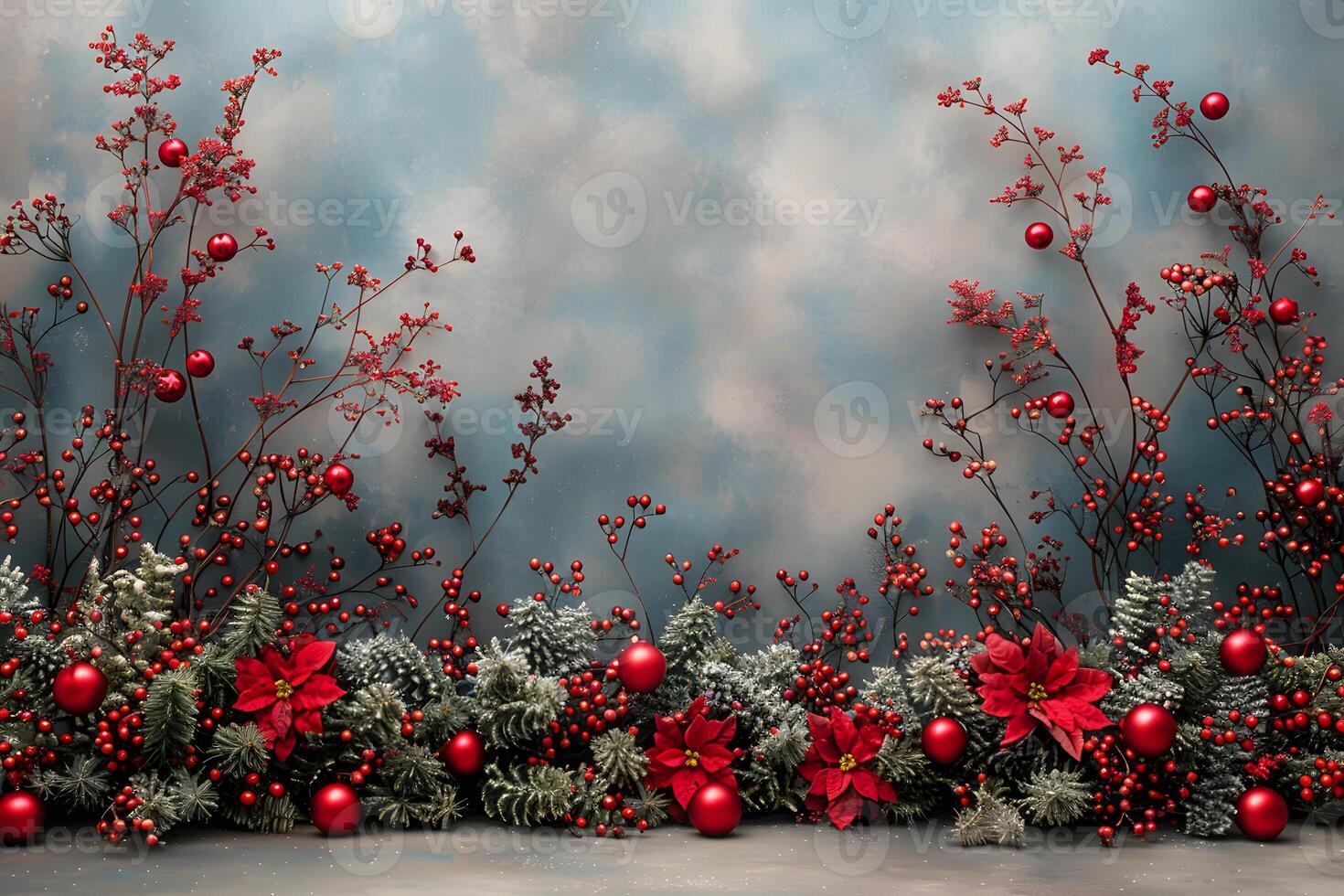 Festive Christmas Holiday Background with Red Berries and Poinsettias for Seasonal Design photo