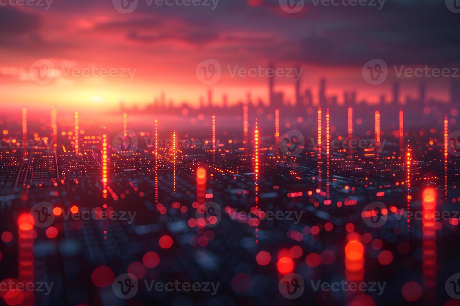 Futuristic Urban Skyline at Sunset with Illuminated Digital Grid photo