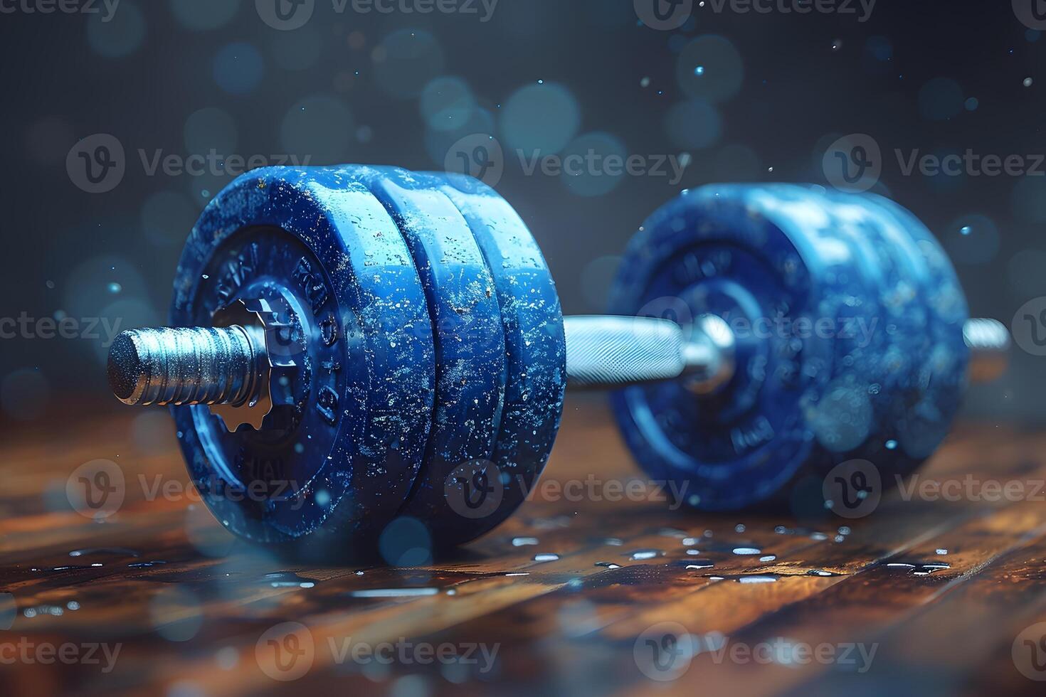 Blue Dumbbell on Wet Wooden Floor with Water Droplets and Bokeh Effects photo