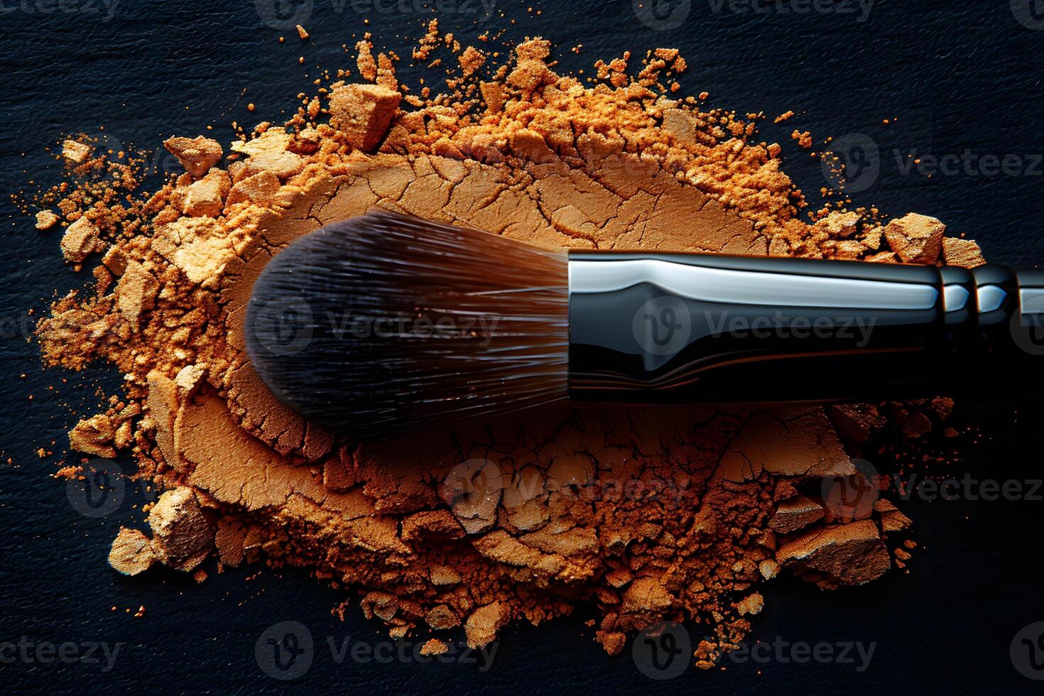 Makeup Brush with Crushed Powder on Dark Background for Beauty Design photo