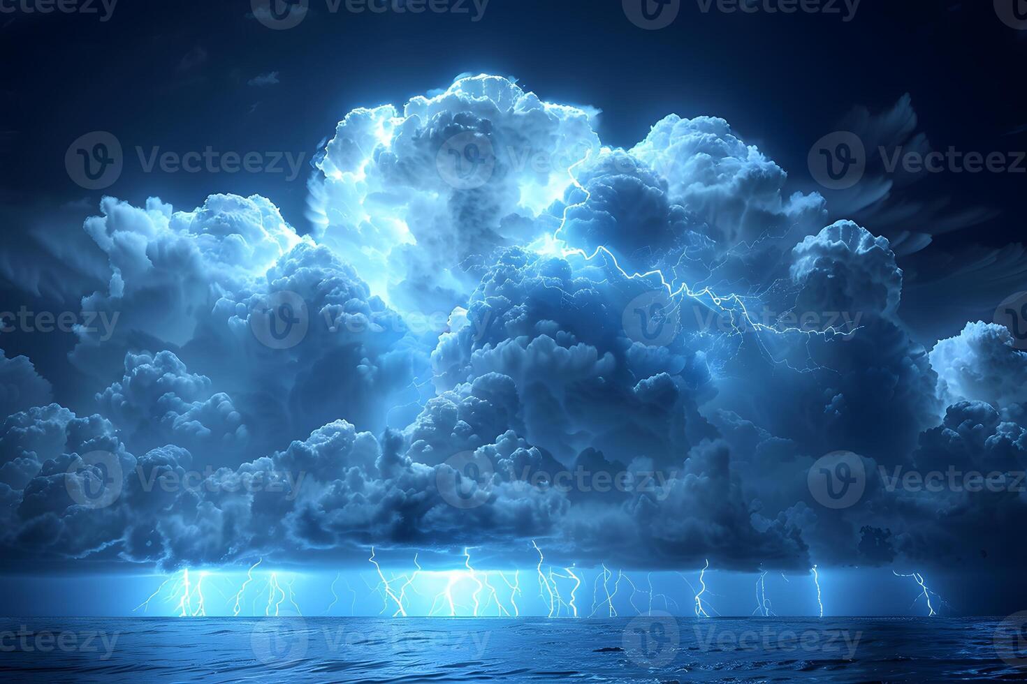 Dramatic Thunderstorm Over Ocean at Night Capturing Lightning and Clouds for Atmospheric Design photo