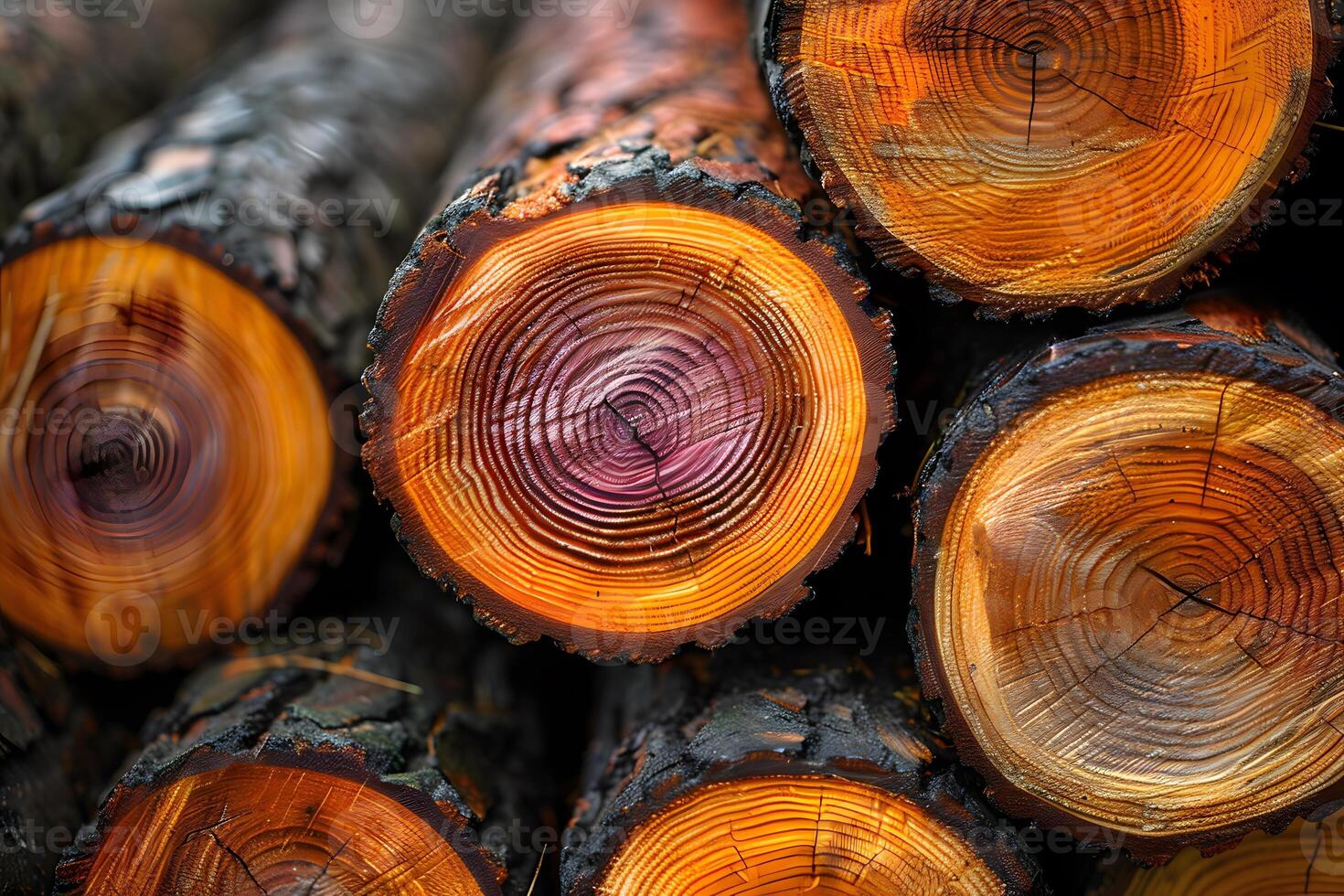 Close-Up of Rustic Pine Logs with Detailed Ring Patterns for Natural Decor and Lumber Concepts photo