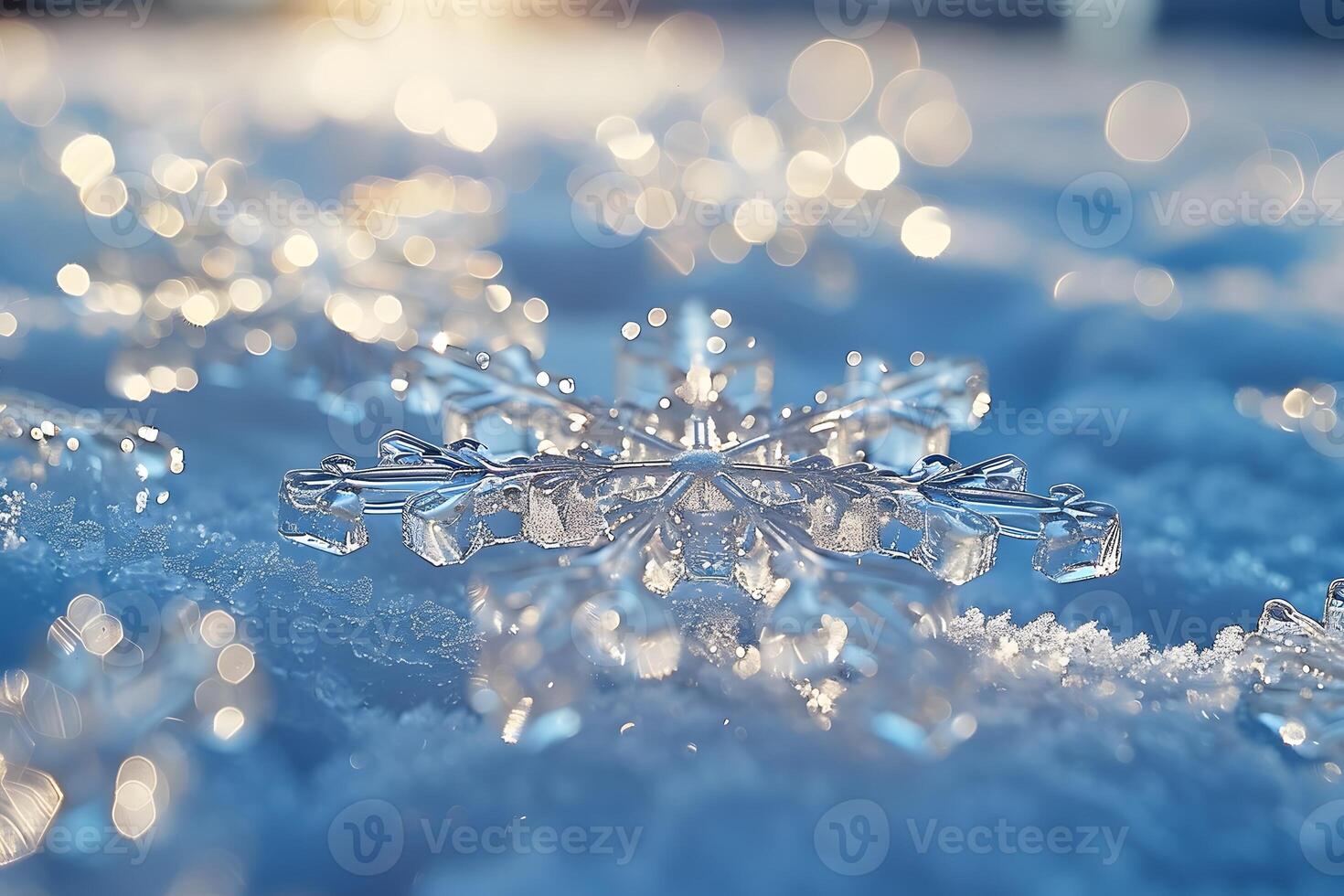 Close-Up of Sparkling Snowflake on Frosty Ground Winter Beauty for Holiday Design photo