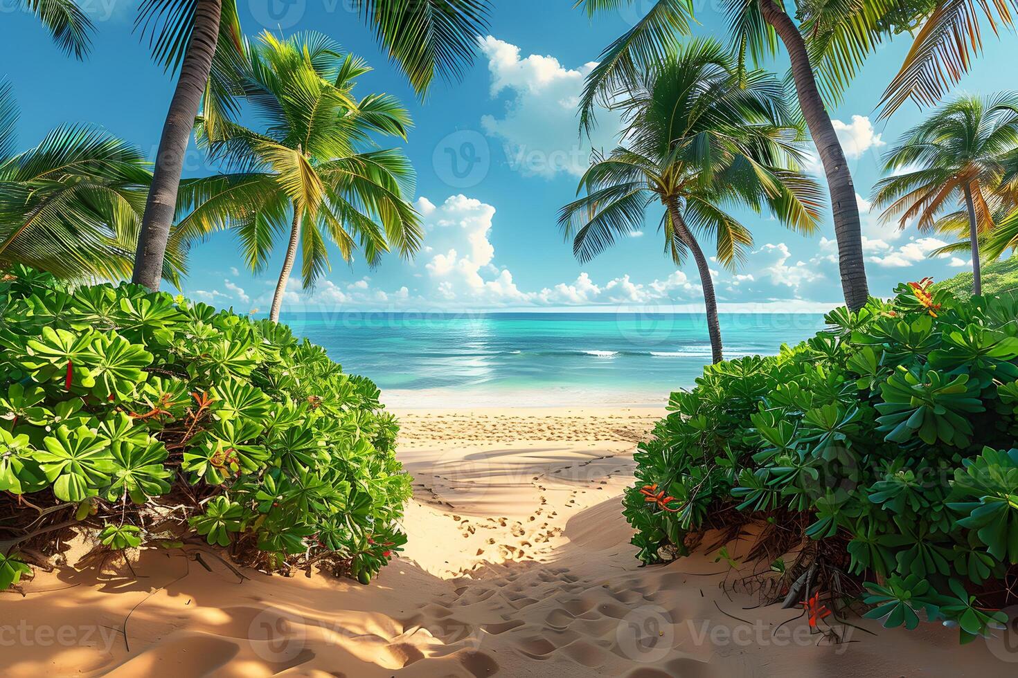 Scenic Tropical Beach Pathway with Palm Trees and Blue Ocean photo