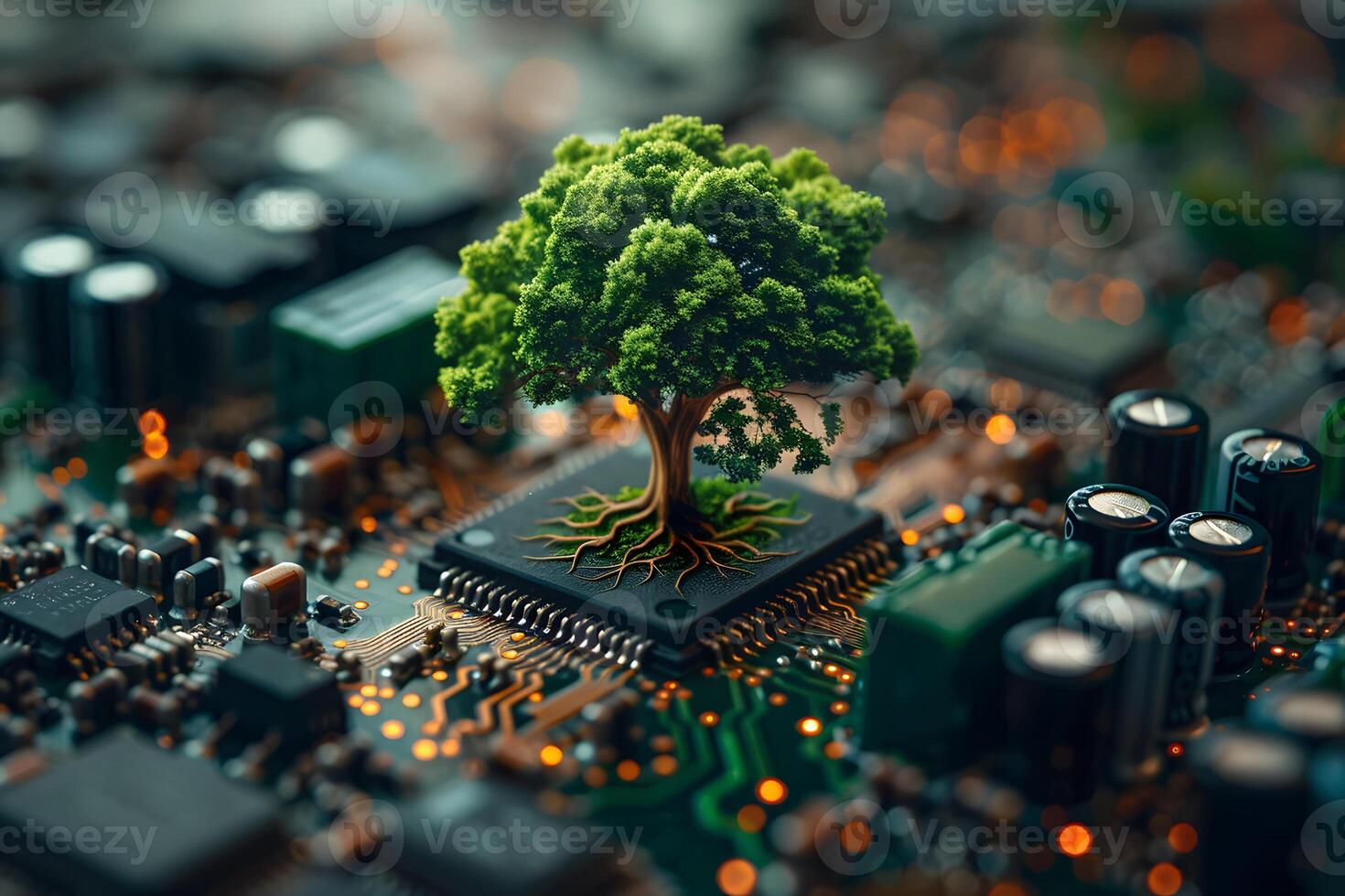 Nature and Technology Fusion Tree Growing on Microchip for Sustainable Innovation Concepts photo