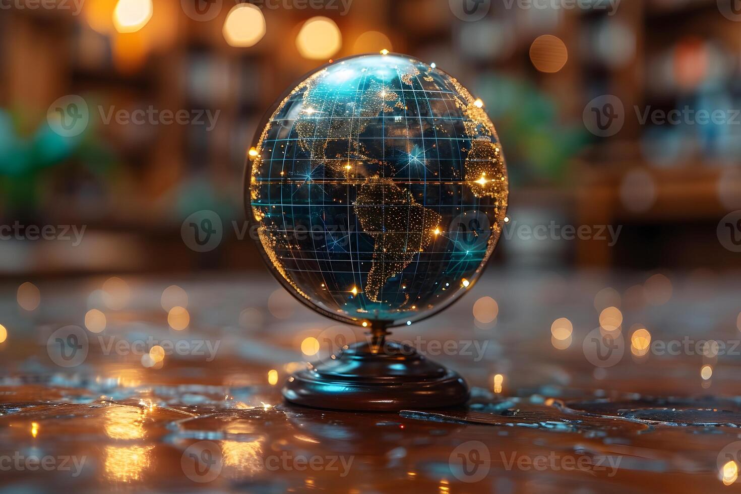 Illuminated Globe on Wooden Table in Cozy Library Setting photo