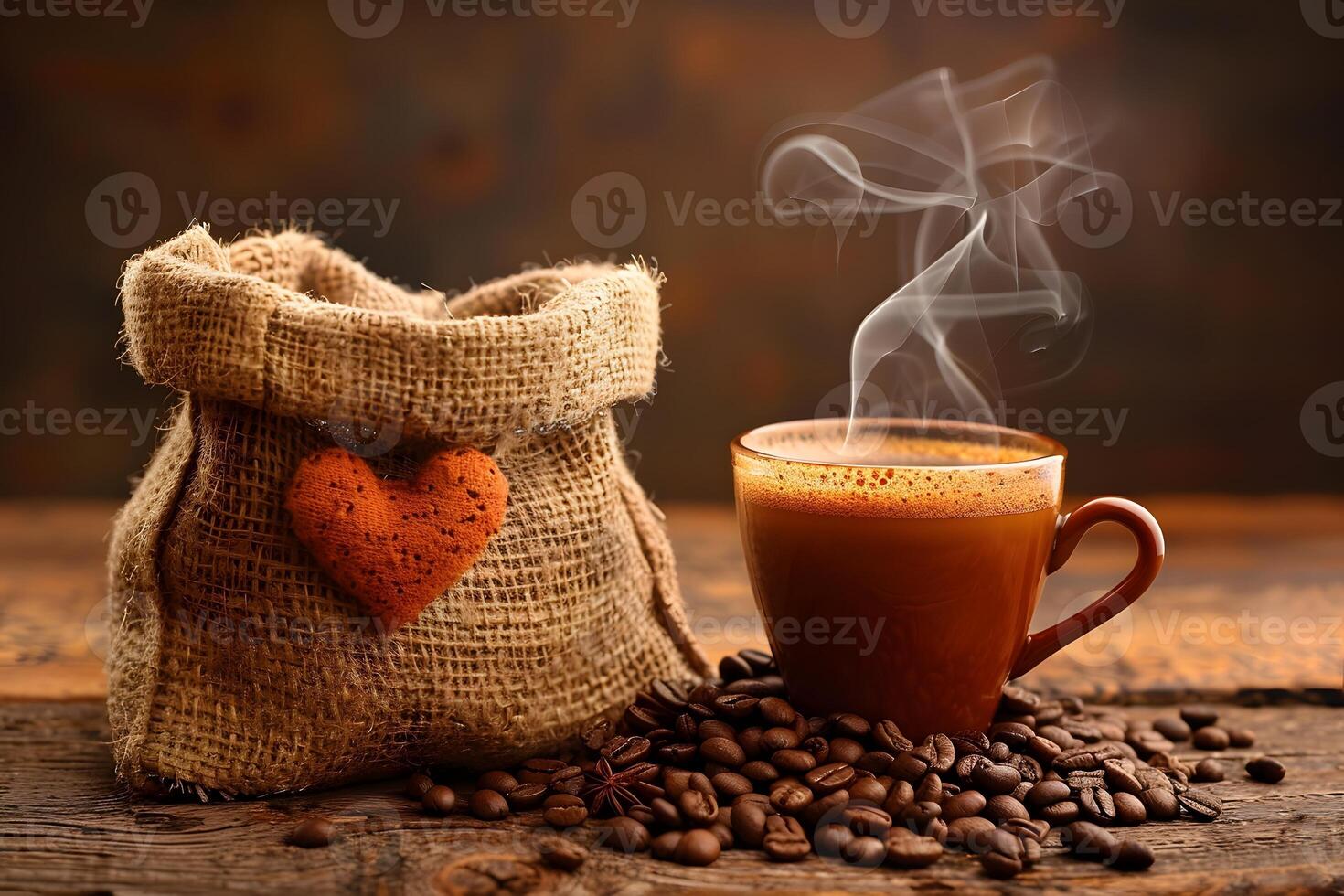 Cozy Coffee Break with Heart-Adorned Burlap Bag and Steaming Cup on Wooden Table photo