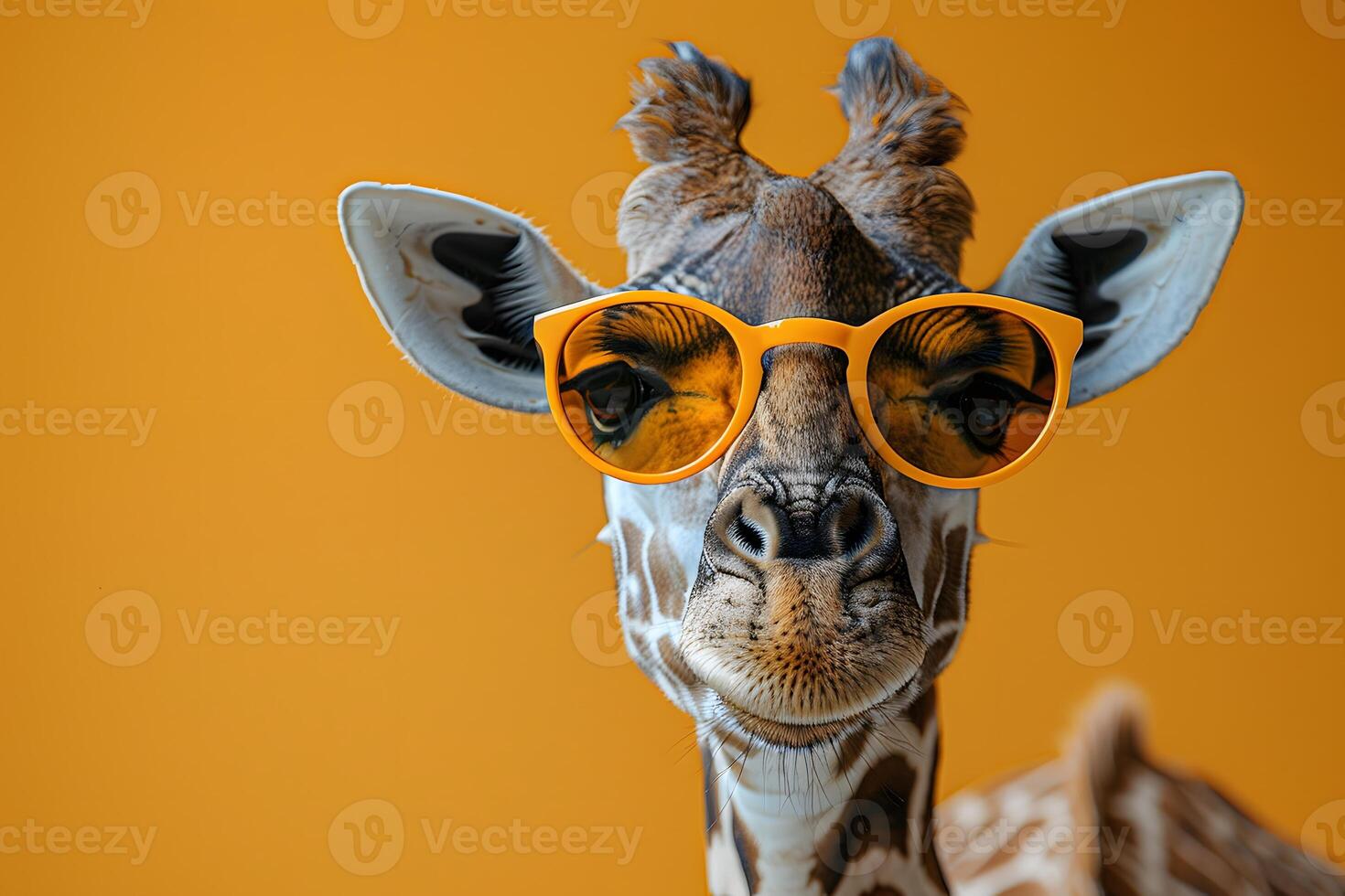 Stylish Giraffe with Sunglasses on Vibrant Orange Background - Quirky Animal Portrait for Fun Designs photo