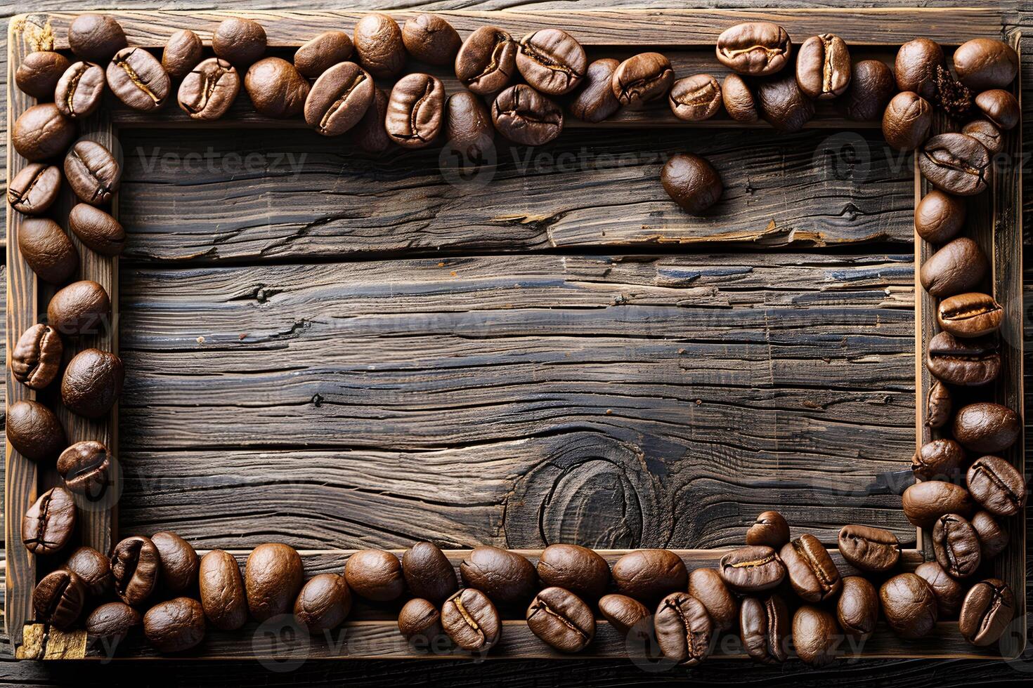 Coffee Bean Frame on Rustic Wooden Background for Cafe Decor or Coffee-Themed Designs photo