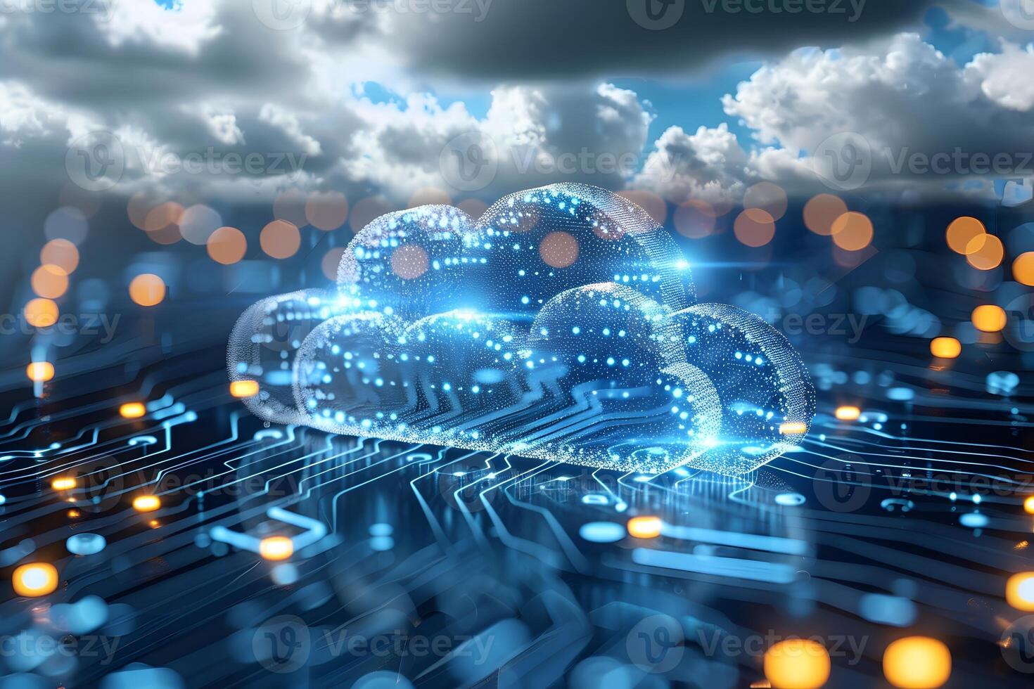 Cloud Technology Concept with Digital Circuit Board and Illuminated Data Connections photo