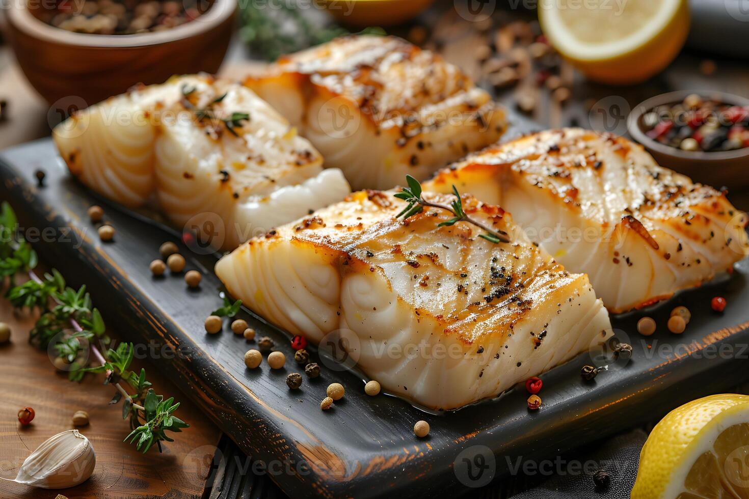 Grilled Cod Fillets with Herbs and Lemon on Rustic Board for Gourmet Cooking photo