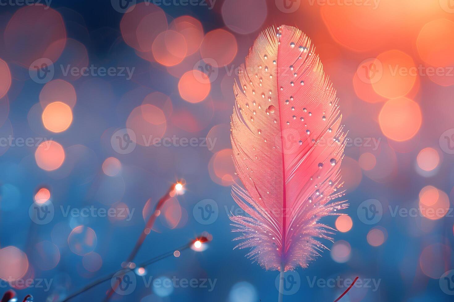 Ethereal Feather with Dewdrops Amidst Bokeh, Perfect for Nature-Themed Designs photo