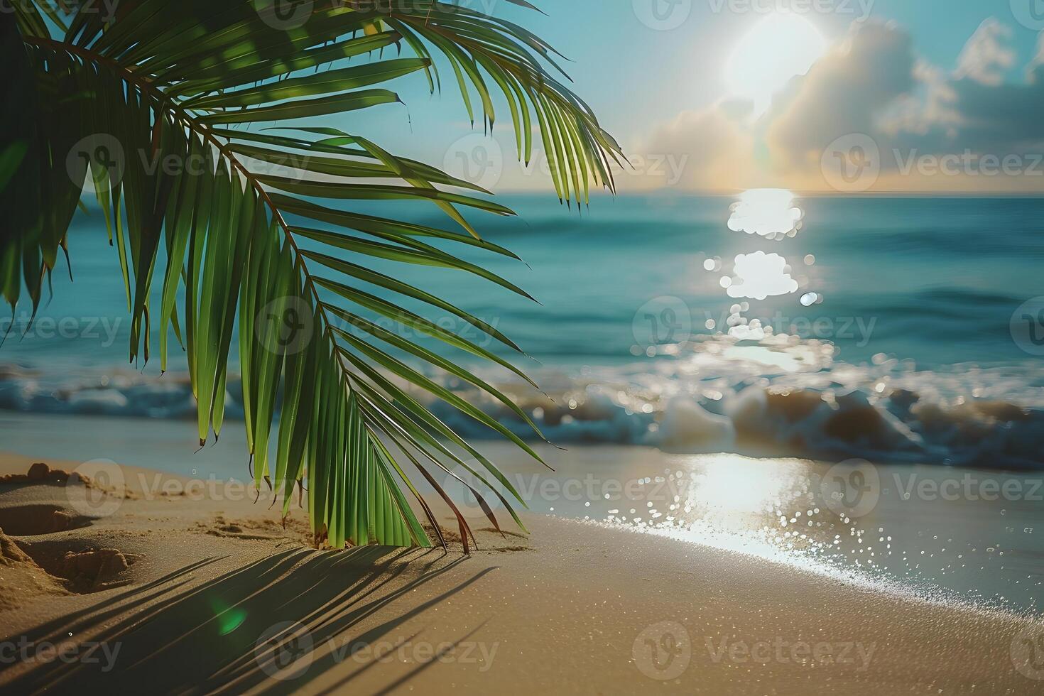 Tropical Beach Sunrise with Palm Leaves and Ocean Waves - Perfect for Summer Vacation Designs photo