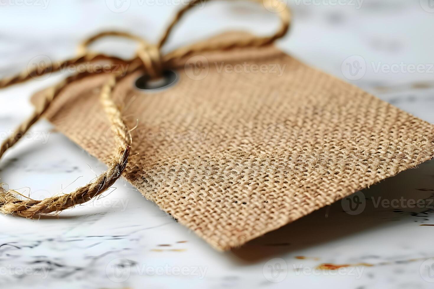 Rustic Burlap Gift Tag with Twine on Marble Background for Craft and Gift Decor photo