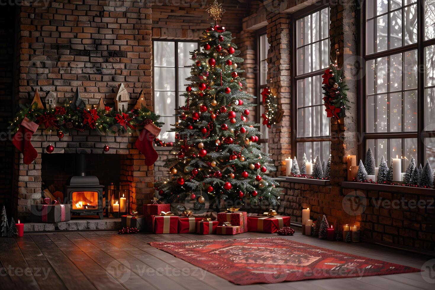 Cozy Christmas Living Room with Decorated Tree and Fireplace for Holiday Celebration photo
