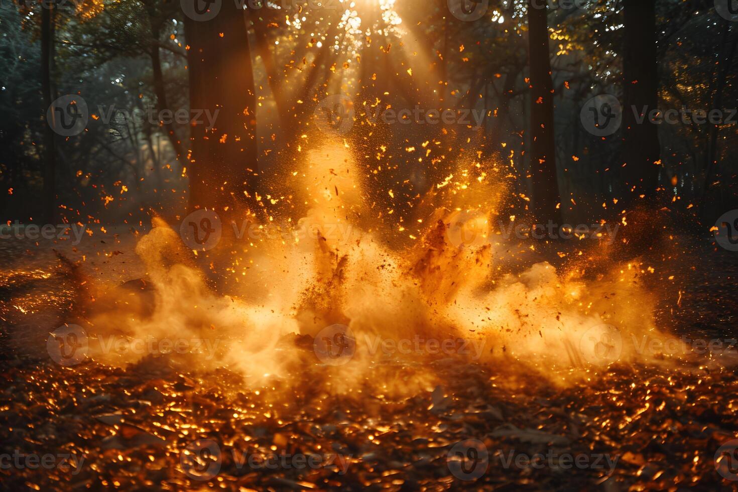 Autumn Leaves Explosion in a Sunlit Forest for Nature Posters and Design photo