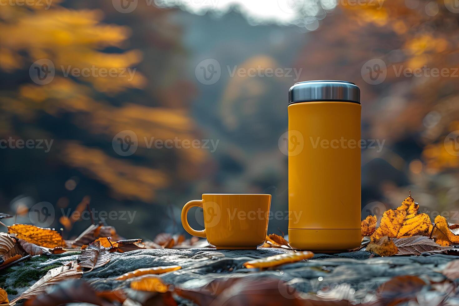 Cozy Autumn Picnic Scene with Thermos and Cup Amongst Fallen Leaves photo
