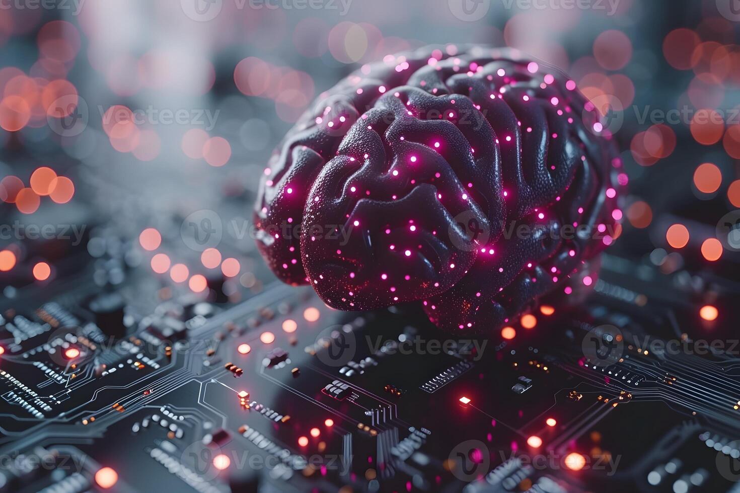 Futuristic Cybernetic Brain Amidst Glowing Circuitry Symbolizing Artificial Intelligence photo