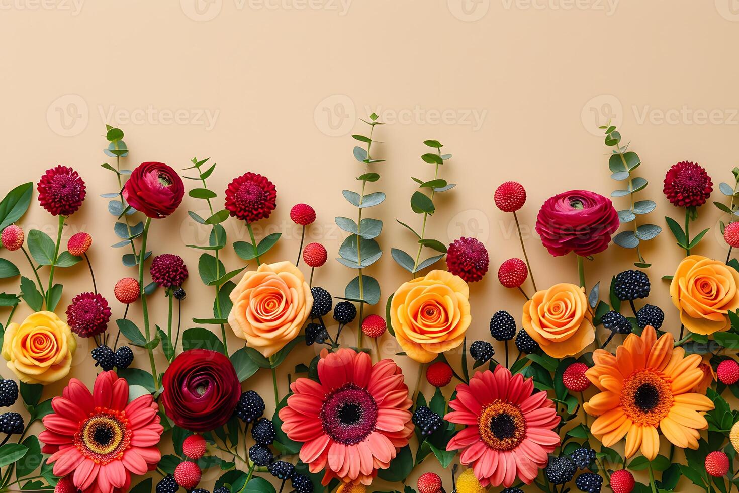 Colorful Floral Arrangement with Roses, Gerberas, and Eucalyptus for Spring Decor photo