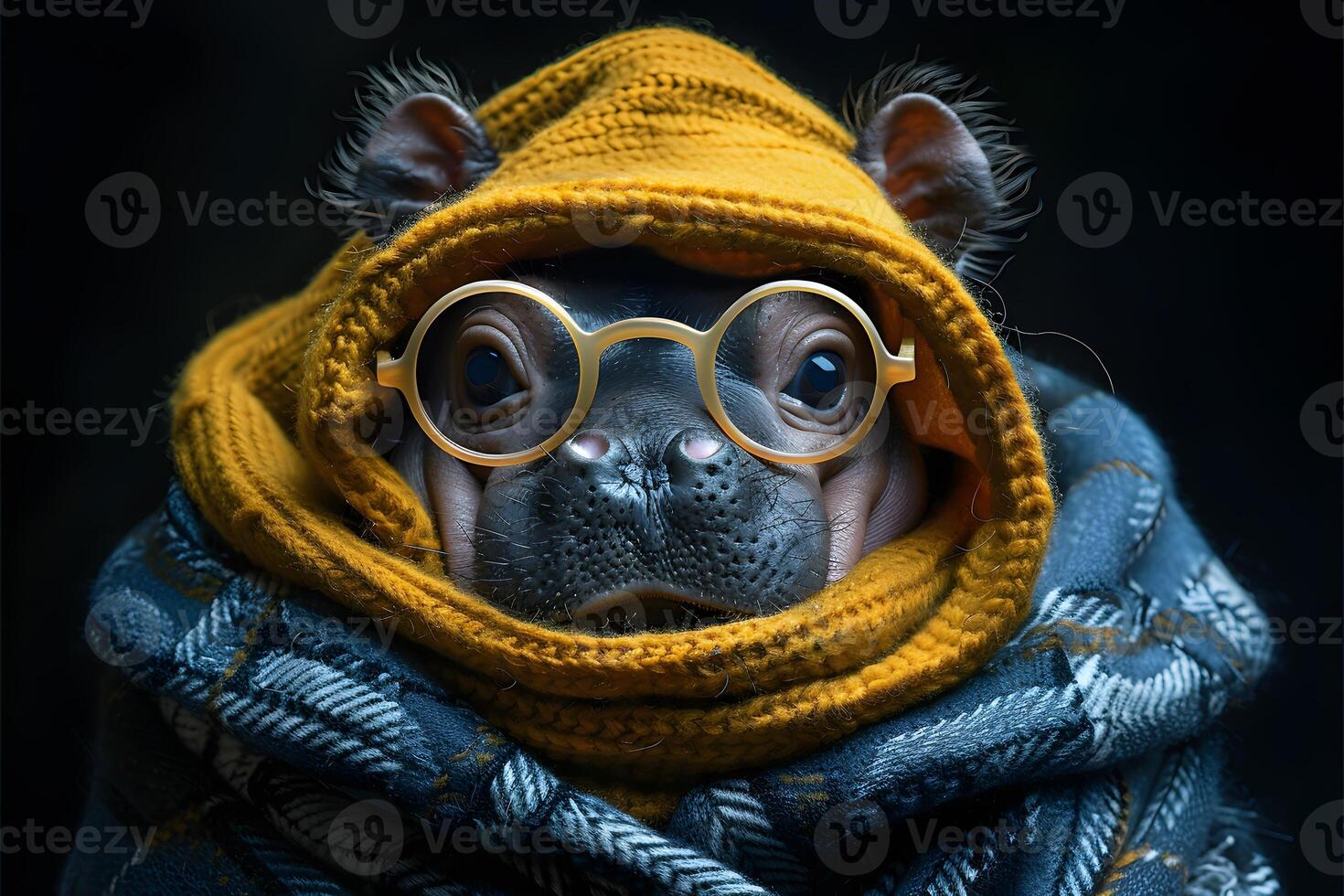 Adorable Hippo Wrapped in Cozy Blankets with Glasses for a Warm Winter Vibe photo