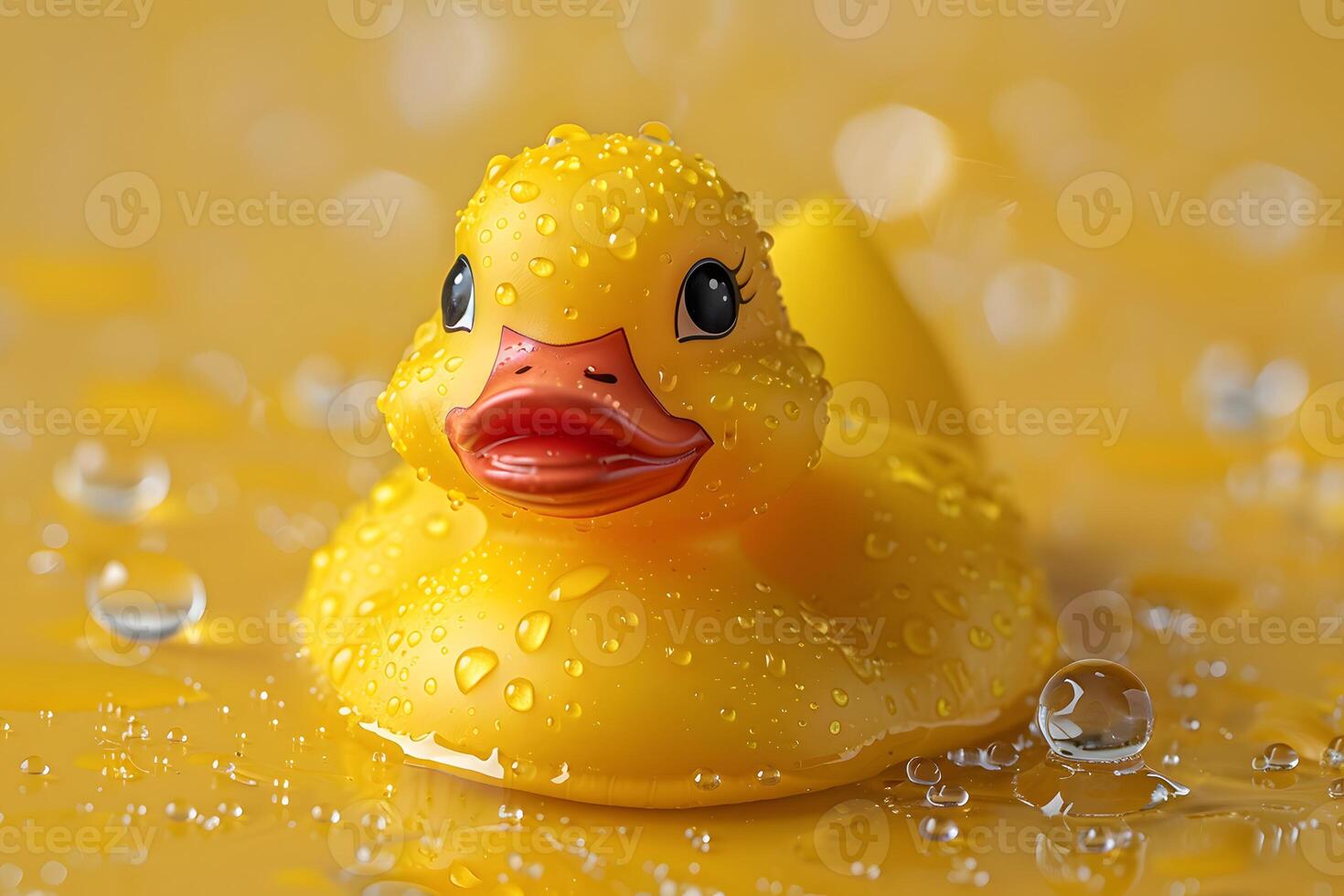 Yellow Rubber Duck on Wet Surface with Water Droplets photo