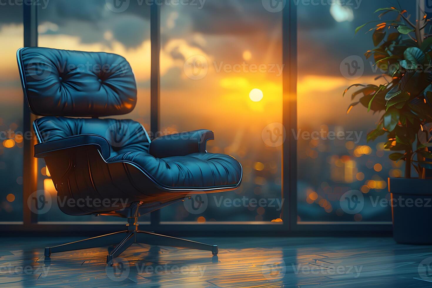 Luxurious Leather Chair in Modern Office with Sunset City View photo