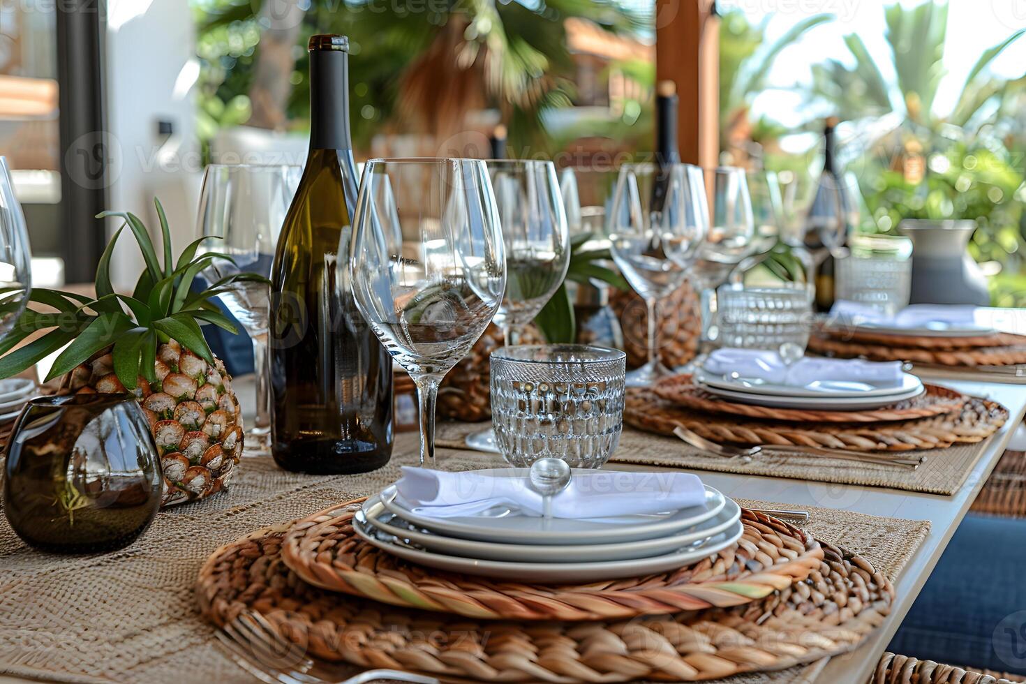 Elegant Outdoor Dining Table Setup with Pineapple Decorations for Tropical Events photo