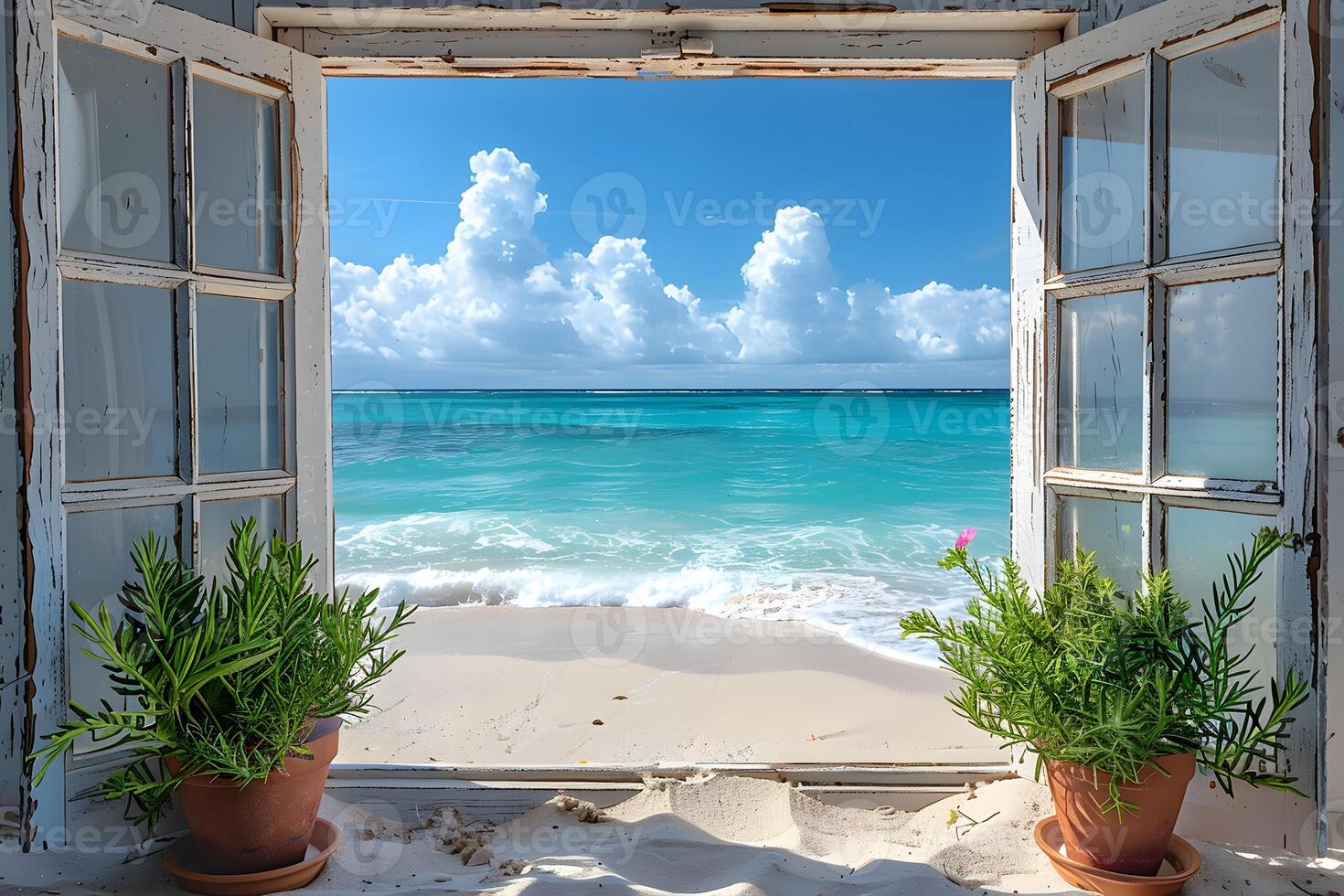 Tropical Beach View Through Open Window with Ocean Waves and Potted Plants photo