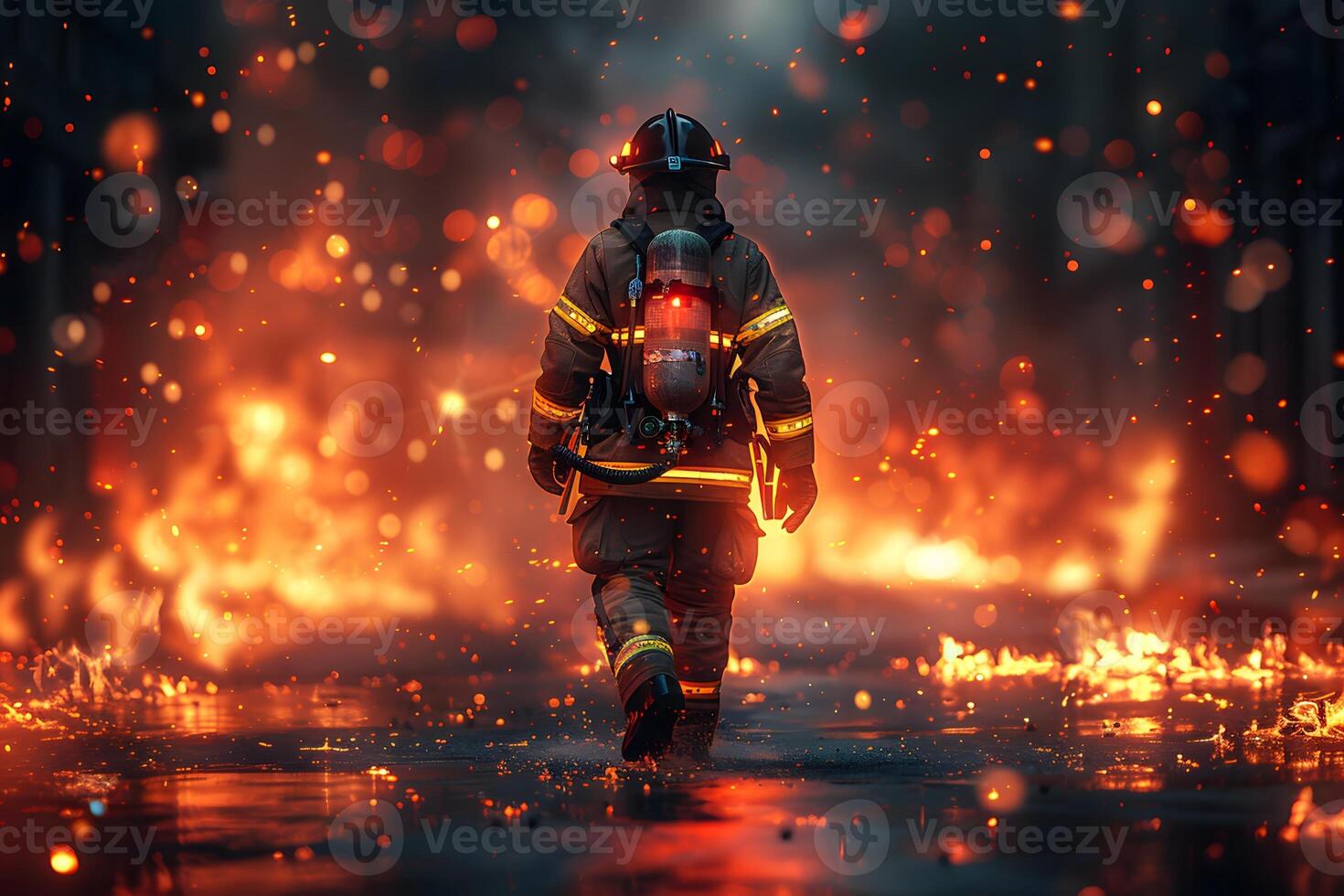 Heroic Firefighter Walking Through Flames at Night Courage and Resilience in Action photo