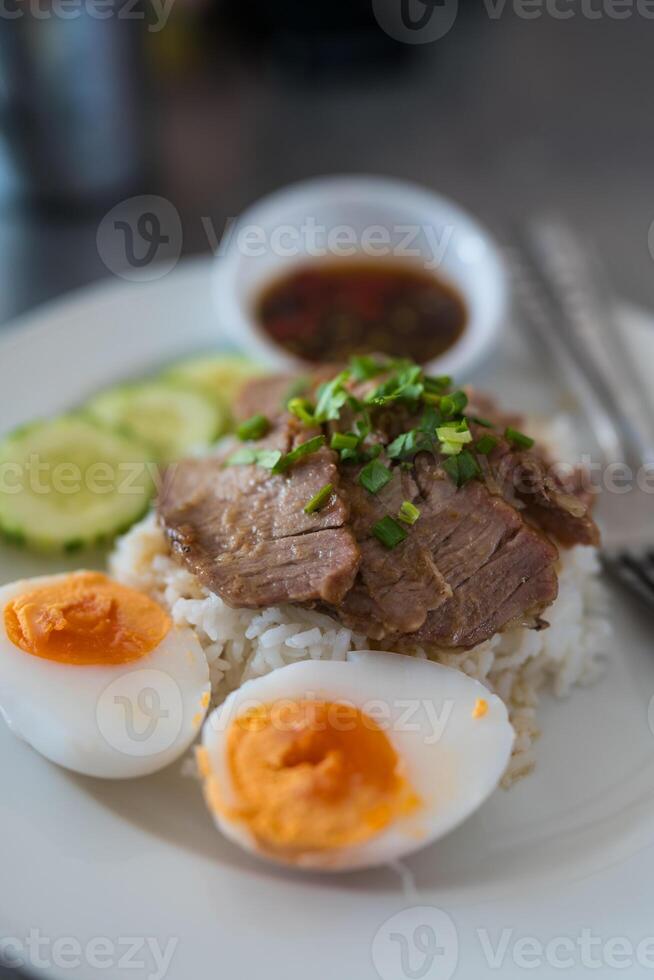 Slice of stewed pork eaten with rice served with boiled egg and cucumber sprinkled with coriander. photo