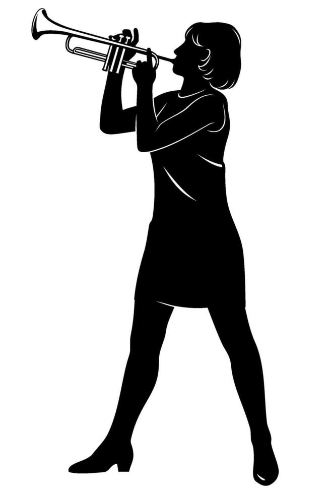 Silhouette of woman playing trumpet. Clipart isolated on white. vector