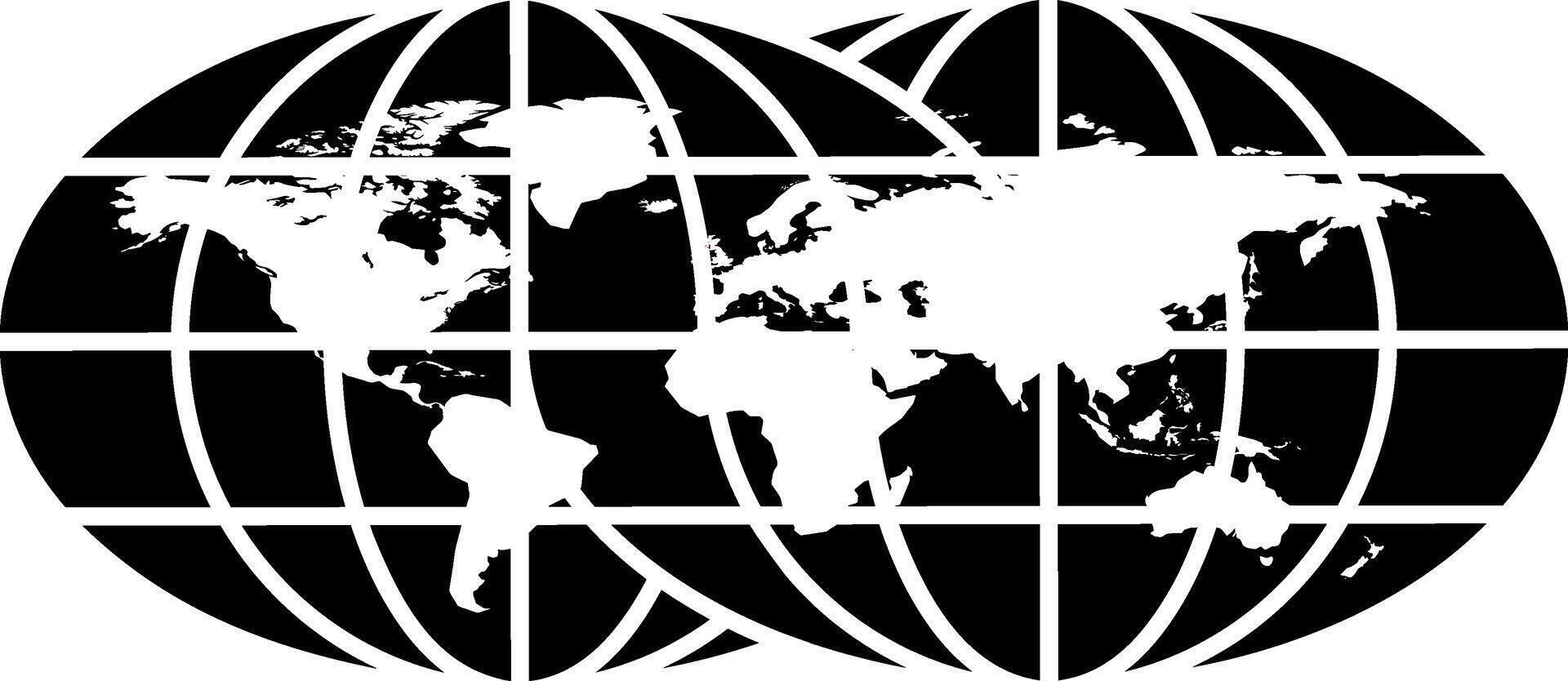 The world map is shown in black and white vector