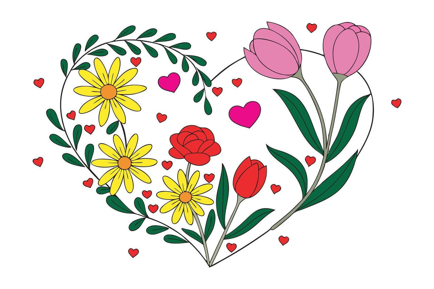 Heart of flowers, Valentine's concept with flower decoration in heart. Valentine's Day Heart-Shaped Flower Bouquet Valentine floral design. vector